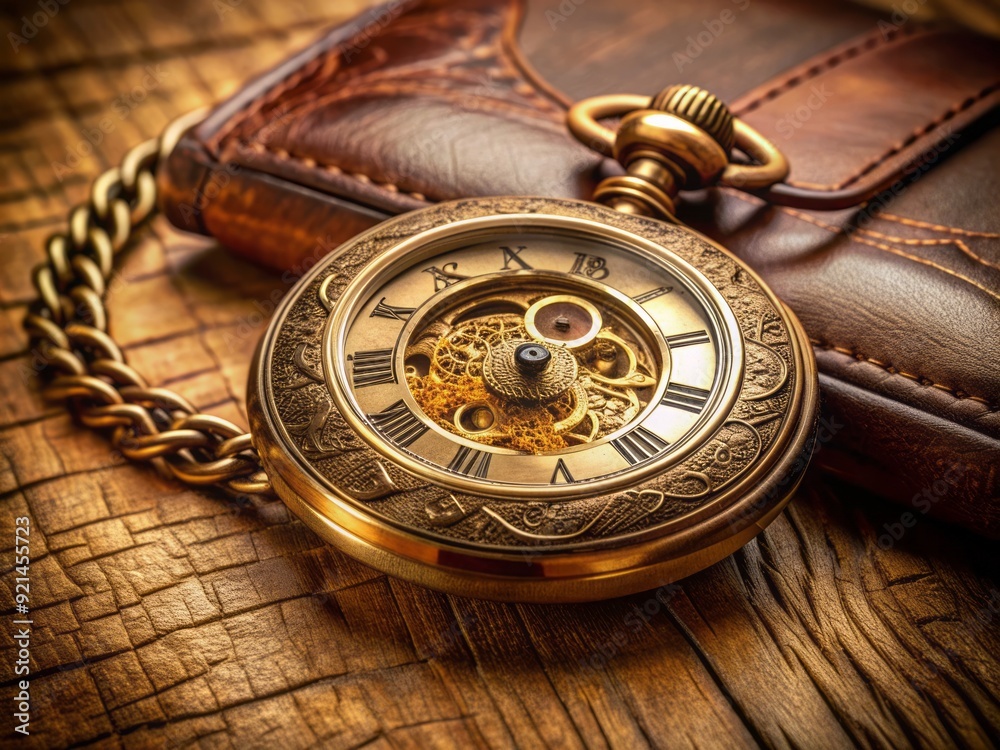 Antique gold pocket watch with intricate engravings and Roman numerals, attached to a vintage leather strap, resting on a worn wooden desk surface. Antique gold pocket watch with intricate engravings and Roman numerals, attached to a vintage leather strap, resting on a worn wooden desk surface.