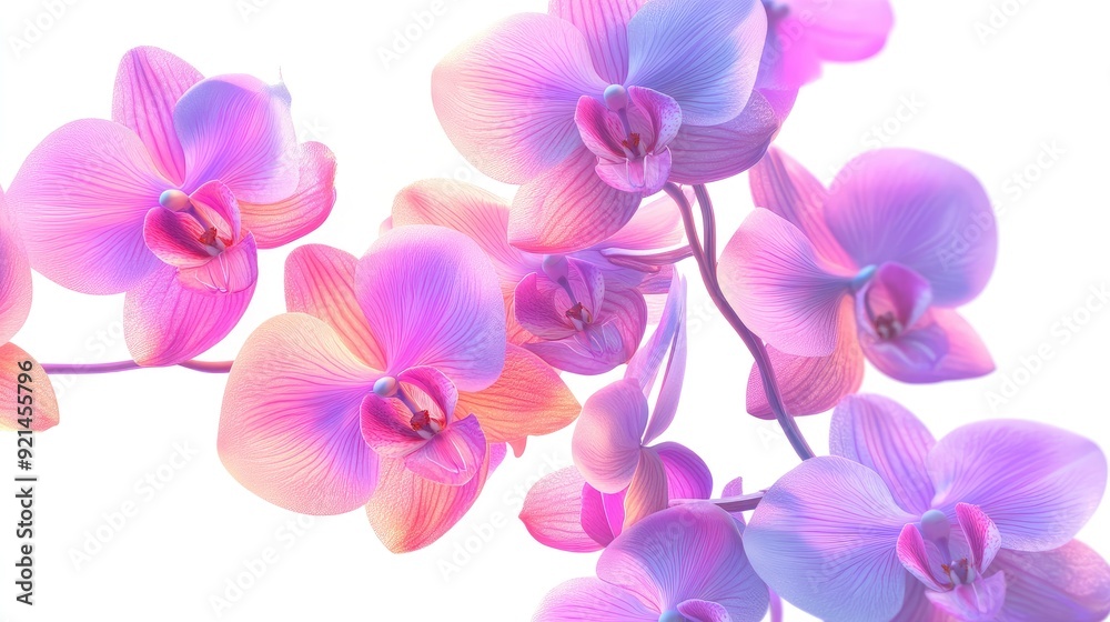 Bright 3D orchids in vibrant shades, adorning a brochure template with a refined floral watermark, isolated on white Bright 3D orchids in vibrant shades, adorning a brochure template with a refined floral watermark, isolated on white