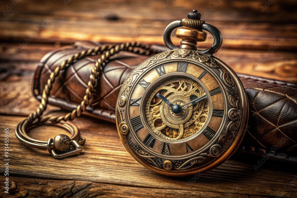 Old-fashioned pocket watch with intricate engravings and roman numerals lies open on a worn leather strap against a distressed wooden background.