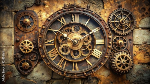 Old-fashioned analog clock with Roman numerals and intricate details on a distressed stone wall, surrounded by vintage gears and rusty mechanical components.