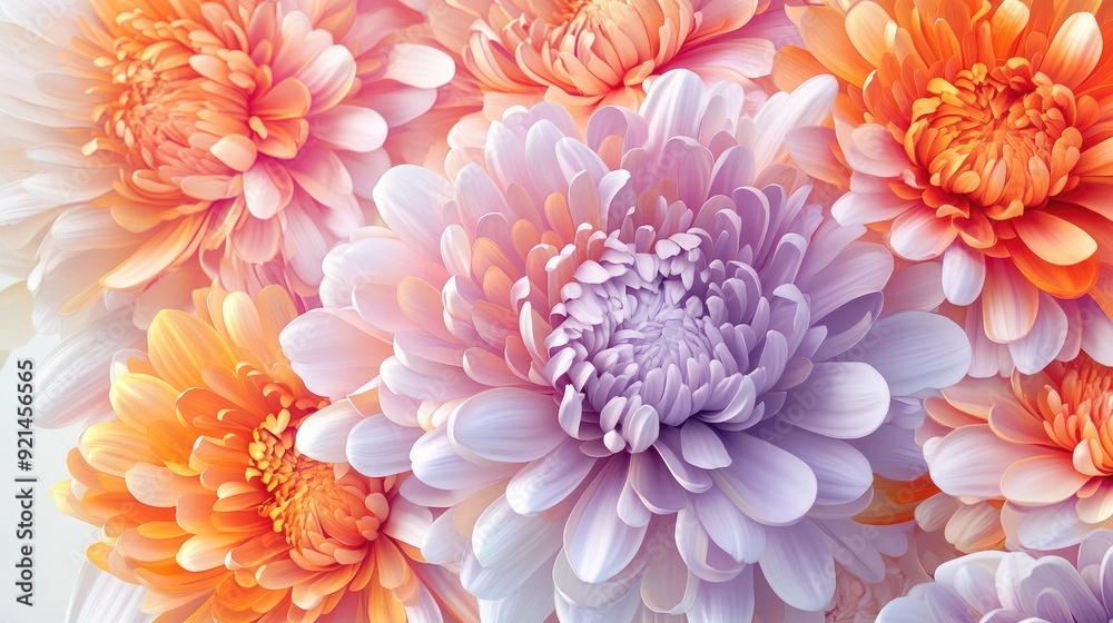Elegant 3D chrysanthemums in vibrant shades, creating a modern floral design for a white background A4 magazine cover Elegant 3D chrysanthemums in vibrant shades, creating a modern floral design for a white background A4 magazine cover