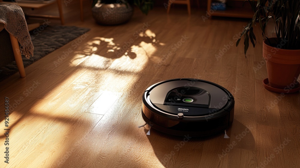 Close-up of a vacuum cleaner robot sensor array as it navigates a cluttered room. Close-up of a vacuum cleaner robot sensor array as it navigates a cluttered room.