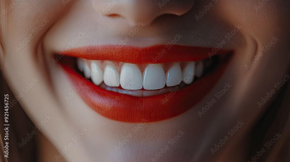 Close-up of a woman's mouth, showcasing her beautiful teeth and red lipstick. Close-up of a woman's mouth, showcasing her beautiful teeth and red lipstick.