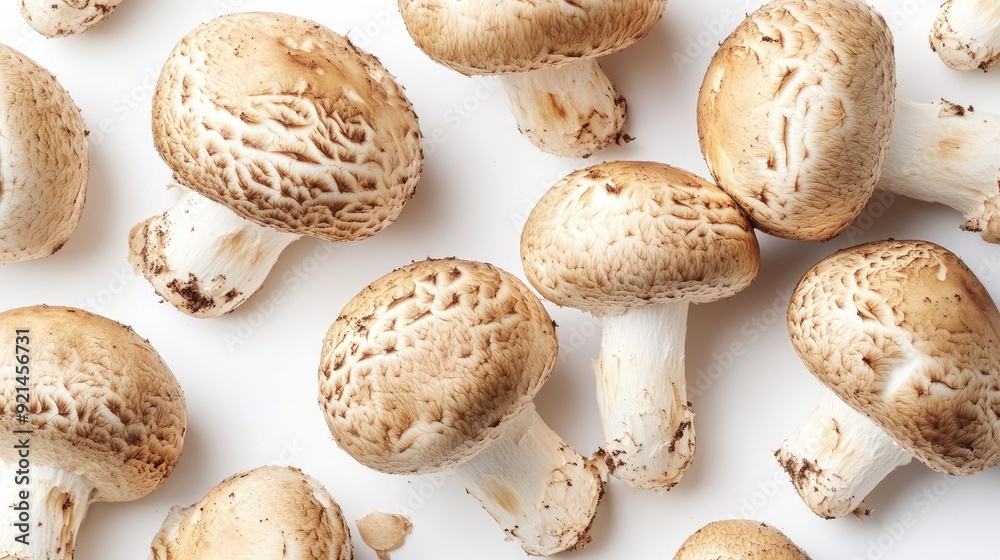 Close-up of fresh Matsutake mushrooms with earthy tones and natural textures on a white background. Close-up of fresh Matsutake mushrooms with earthy tones and natural textures on a white background.