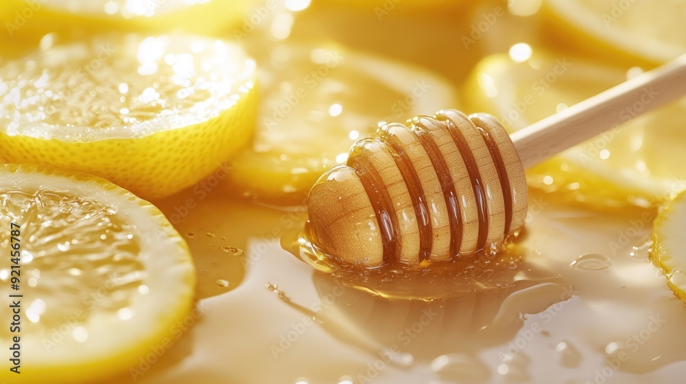 Close-up of honey lemon juice with a honey dipper and lemon slices, set on a clean white Close-up of honey lemon juice with a honey dipper and lemon slices, set on a clean white