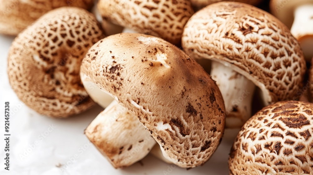 Detailed shot of Matsutake mushrooms with earthy colors and natural textures, set on a white background. Detailed shot of Matsutake mushrooms with earthy colors and natural textures, set on a white background.
