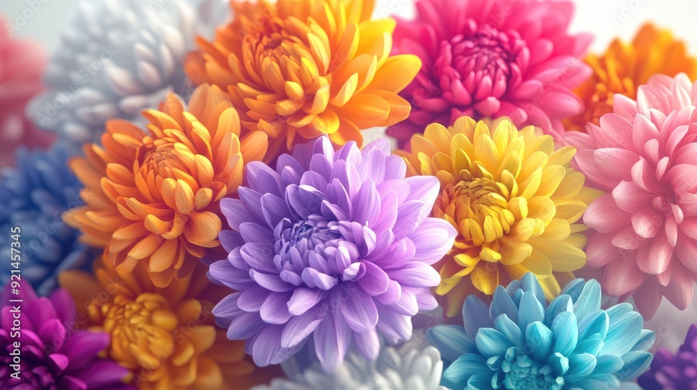 Vivid 3D chrysanthemums in a variety of rich colors, creating a striking floral composition for a modern white brochure cover Vivid 3D chrysanthemums in a variety of rich colors, creating a striking floral composition for a modern white brochure cover