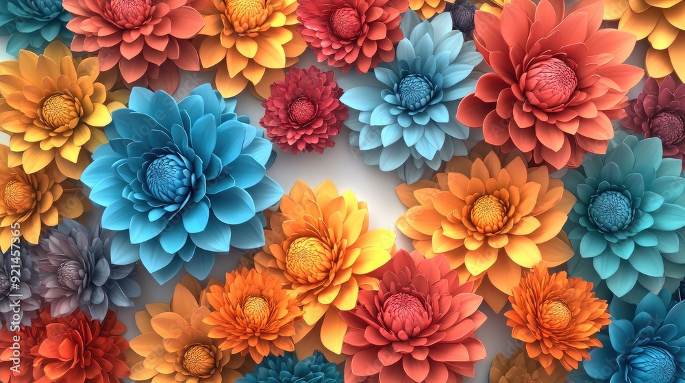Vivid 3D chrysanthemums in a variety of rich colors, creating a striking floral composition for a modern white brochure cover