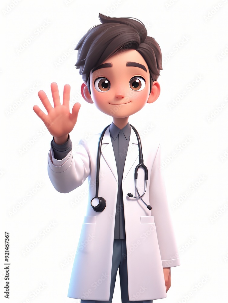 A friendly cartoon doctor character waving, wearing a lab coat and stethoscope. A friendly cartoon doctor character waving, wearing a lab coat and stethoscope.