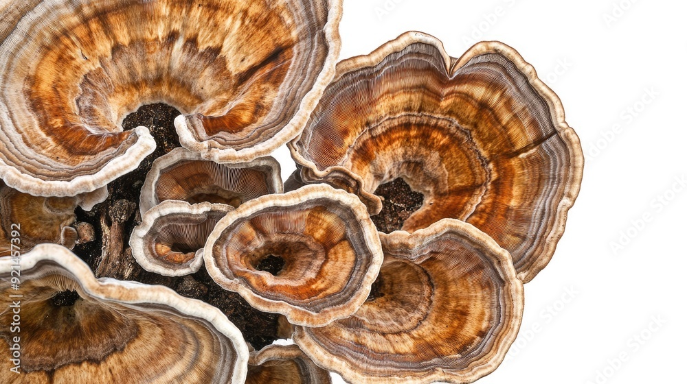 Detailed view of a cluster of turkey tail mushrooms, with their unique shapes highlighted against a white background. Detailed view of a cluster of turkey tail mushrooms, with their unique shapes highlighted against a white background.