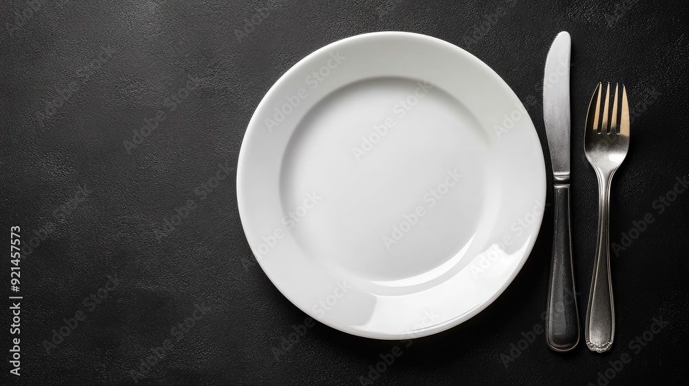Empty white plate with a fork and spoon on a black background, leaving room for text. Empty white plate with a fork and spoon on a black background, leaving room for text.