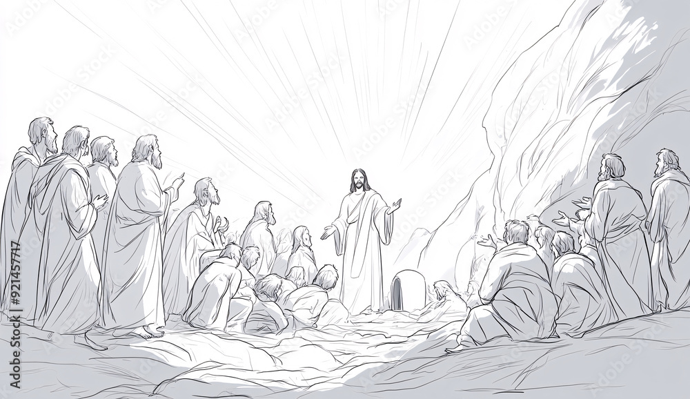 Jesus and Disciples in Cartoon Style Line Drawing Scene Jesus and Disciples in Cartoon Style Line Drawing Scene