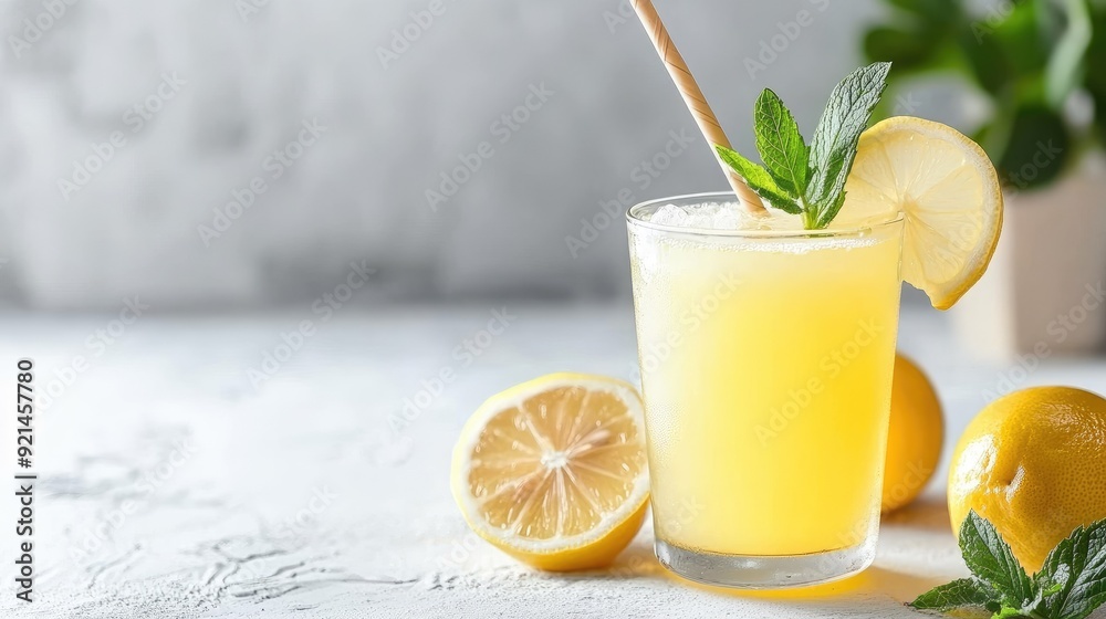 Fototapeta premium Glass of honey lemon juice with a bamboo straw, garnished with mint leaves, on a white