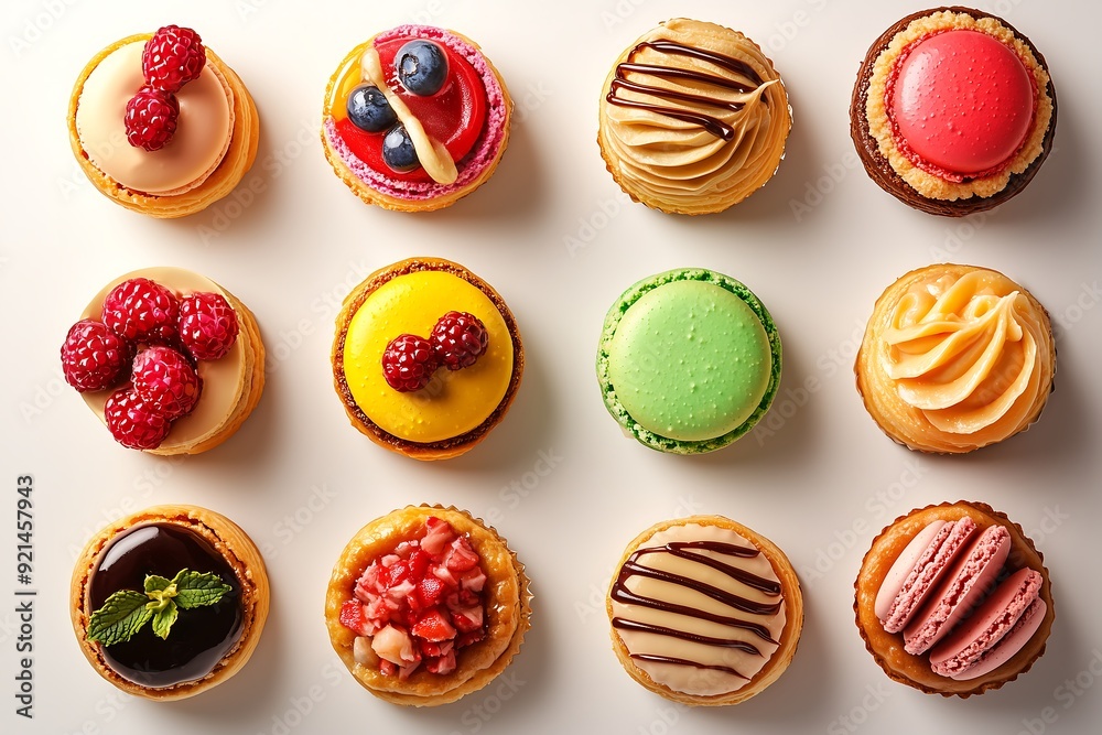 Obraz premium Elegant Assorted French Pastries Macarons Eclairs Mini Tarts Colorful Delicate and Decadent Perfect for Gourmet Dessert and Patisserie Photography