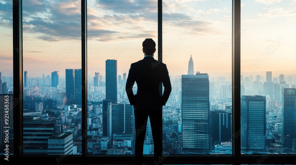 Newly established professional standing in front of a large window, confidently looking at the cityscape. Newly established professional standing in front of a large window, confidently looking at the cityscape.