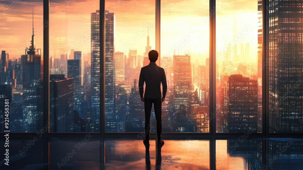 Newly established professional standing in front of a large window, confidently looking at the cityscape. Newly established professional standing in front of a large window, confidently looking at the cityscape.