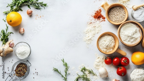 Wallpaper Mural Minimalist kitchen counter with scattered ingredients and copy space in the middle. Torontodigital.ca
