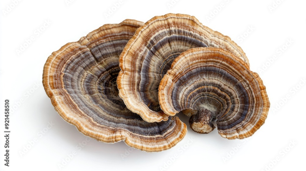 Organic turkey tail mushrooms with a focus on their concentric ring patterns, isolated on a white background. Organic turkey tail mushrooms with a focus on their concentric ring patterns, isolated on a white background.