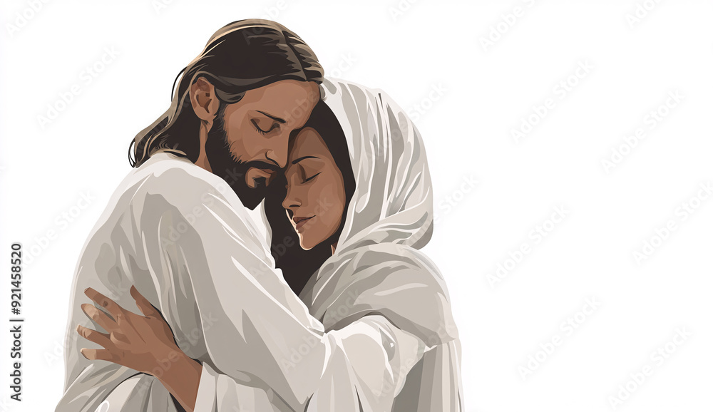 Obraz premium Minimalist digital painting of Jesus embracing Mary on white.