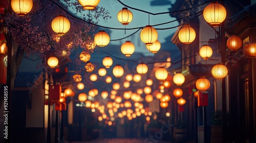 Wallpaper Mural Rows of illuminated lanterns lining a festival street at dusk. Torontodigital.ca