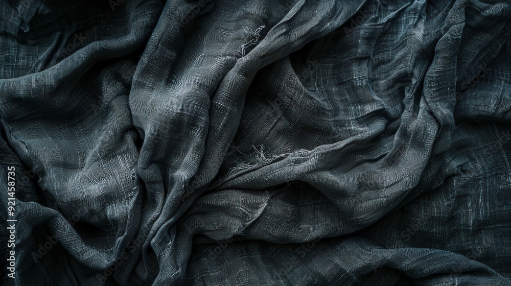A close-up of crumpled dark fabric showcasing texture and folds. A close-up of crumpled dark fabric showcasing texture and folds.