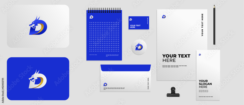 Logo design Letter D combine with Dragon head in blue color with full brand kit stationery, Mega bundle pack. Editable file Logo design Letter D combine with Dragon head in blue color with full brand kit stationery, Mega bundle pack. Editable file