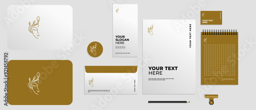 Minimalist Line Logo women half face with leaf, logo beauty, logo skincare, logo female with full brand kit stationery, Mega bundle pack. Editable file