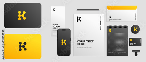 Minimalist logo design letter K combine with honeycomb, logo honey, weet, tasty and health food. Full brand kit stationery, Mega bundle pack. Editable file