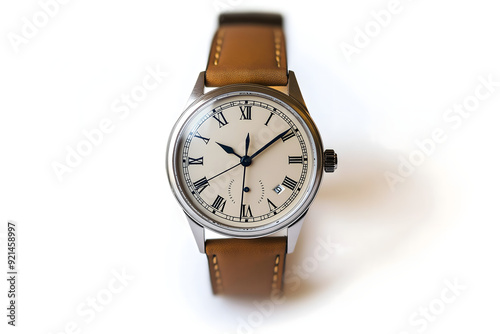 Isolated Wristwatch with a Leather Strap on a White Background