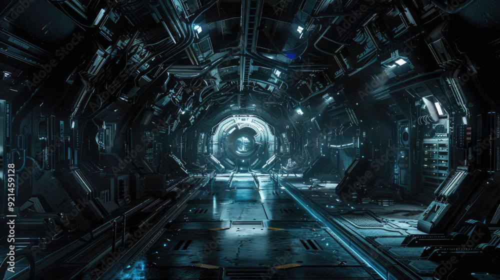 Dark interior of alien space base or spaceship, gloomy corridor inside ...