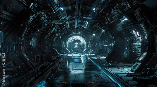 Dark interior of alien space base or spaceship, gloomy corridor inside extraterrestrial spacecraft, futuristic scene. Theme of future, room, ship, science, movie