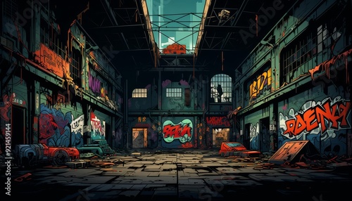 Abandoned warehouse with graffiti flat design, top view, urban decay, cartoon drawing, Splitcomplementary color scheme