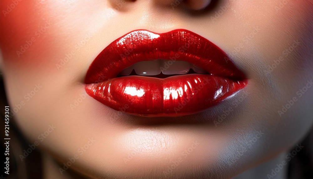 A close-up shot of a woman's lips painted a bold, fire engine red, with a slight sheen to hi A close-up shot of a woman's lips painted a bold, fire engine red, with a slight sheen to hi