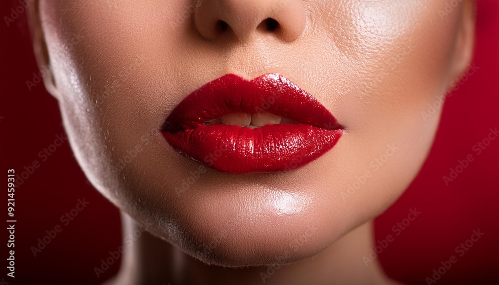 Fototapeta premium A close-up shot of a woman's lips painted a bold, fire engine red, with a slight sheen to hi
