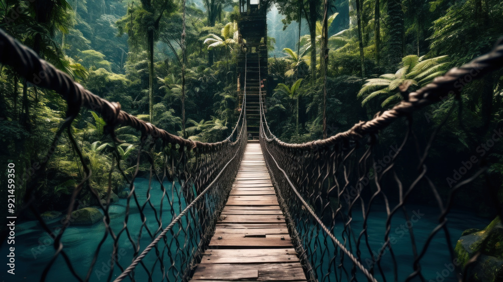 Obraz premium Vintage rope hanging bridge in jungle, suspension footbridge over river in dark rainforest. Theme of tropical nature, fantasy, adventure, journey, wood, summer.
