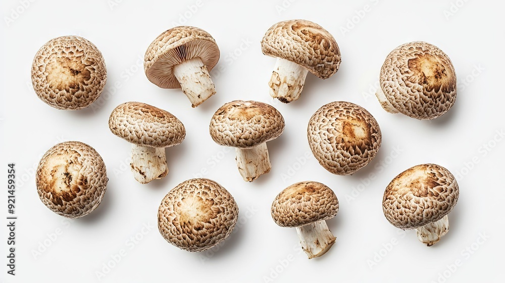 Top view of Matsutake mushrooms arranged in a natural pattern on a white background.