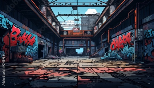 Abandoned warehouse with graffiti flat design, top view, urban decay, cartoon drawing, Splitcomplementary color scheme