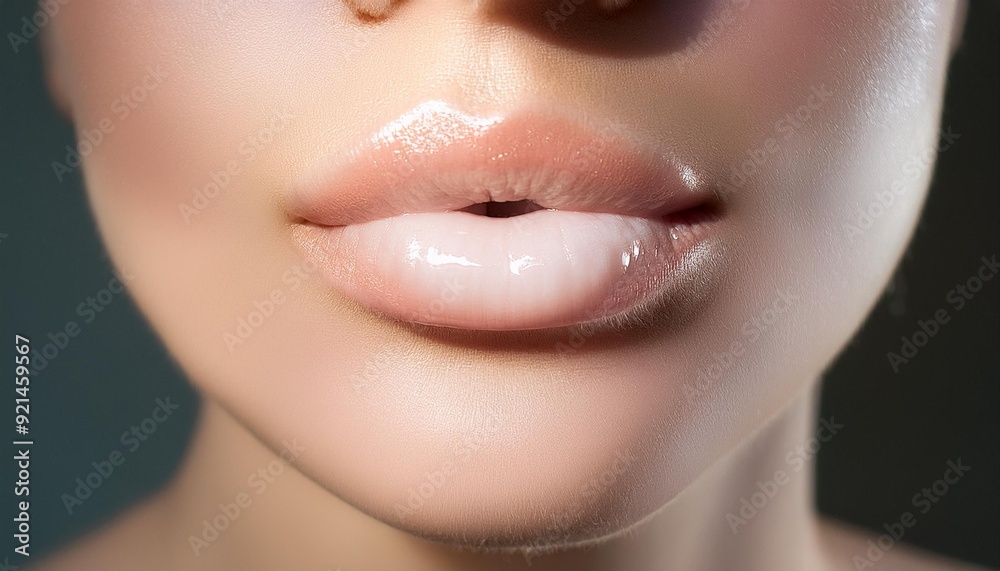 A delicate, pale pink lip color on a woman's lips, with a subtle shine to give a natural loo A delicate, pale pink lip color on a woman's lips, with a subtle shine to give a natural loo