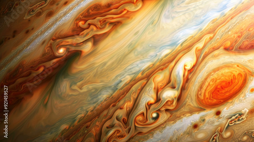 Jupiter in outer space closeup, texture of gas clouds with atmospheric turbulence, planet surface background. Concept of Solar System, pattern, nature, science.