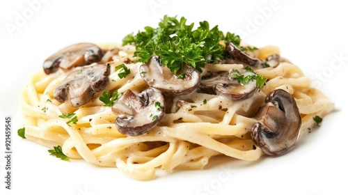 Truffle mushrooms on a bed of pasta with creamy sauce, garnished with parsley, isolated on a white background.