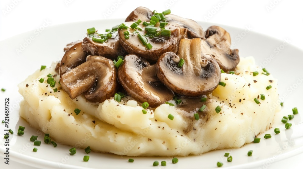 Truffle mushrooms on a serving of creamy mashed potatoes with a sprinkle of chives, on a white background. Truffle mushrooms on a serving of creamy mashed potatoes with a sprinkle of chives, on a white background.