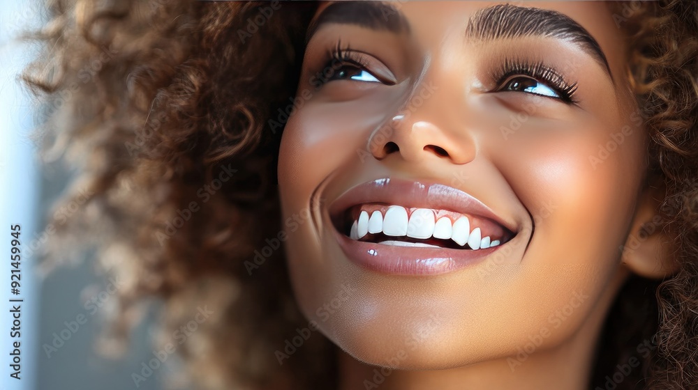 Woman with a dazzling smile and immaculate teeth, posing in a casual setting.