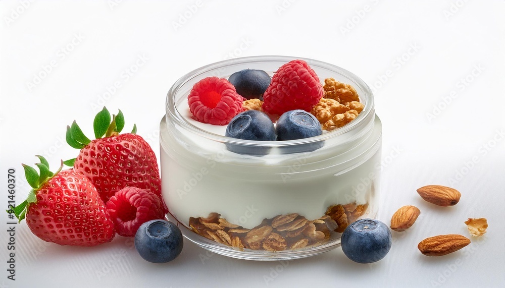 Greek yogurt with fresh berries, a small portion of granola, and sliced almonds, neatly arra