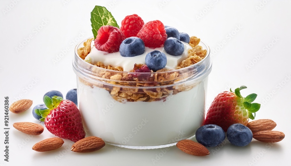 Greek yogurt with fresh berries, a small portion of granola, and sliced almonds, neatly arra Greek yogurt with fresh berries, a small portion of granola, and sliced almonds, neatly arra
