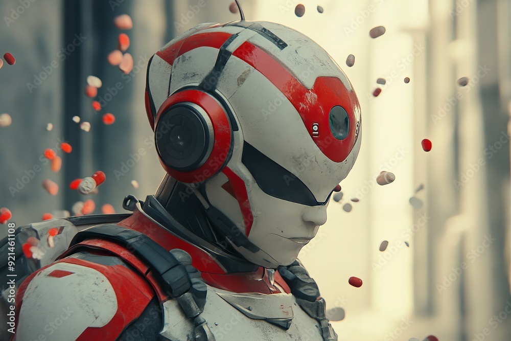 Fototapeta premium Robot with a human like gaze adorned in red exploring the fusion of human emotions with artificial intelligence