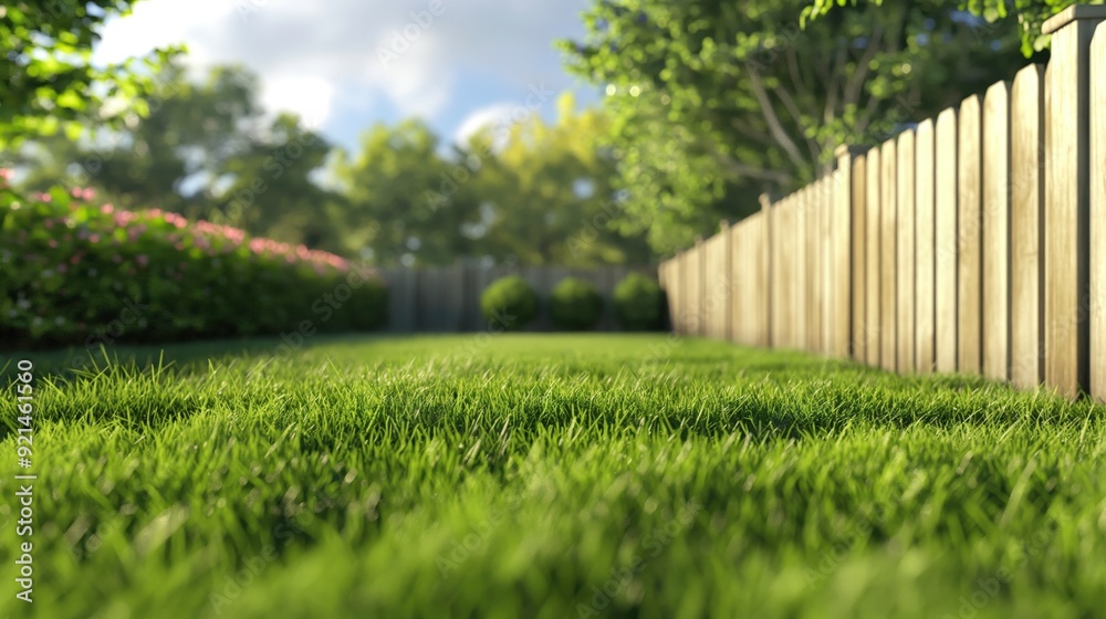 A serene garden view with lush grass and wooden fence, inviting tranquility. A serene garden view with lush grass and wooden fence, inviting tranquility.