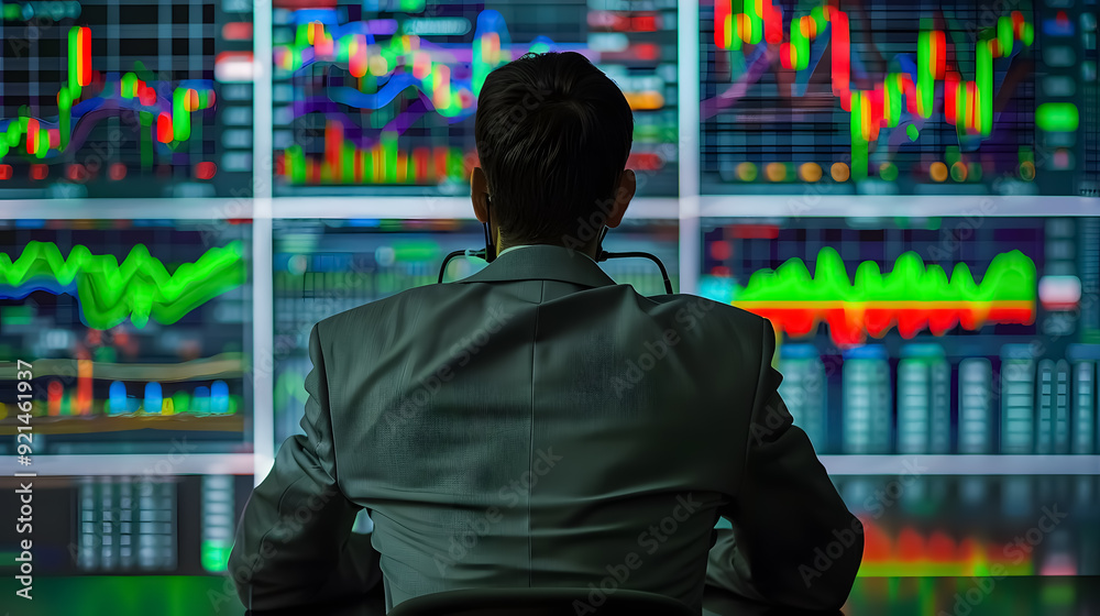 Fototapeta premium Stock Market Analysis: Man broker analyzing charts and stock market performance forecasts.
