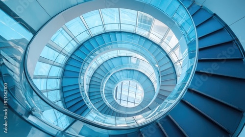 Spiral staircase inside a modern cylindrical building with glass floors