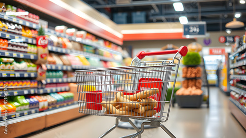 Supermarket scene of shopping cart in front of a supermarket. Generative AI