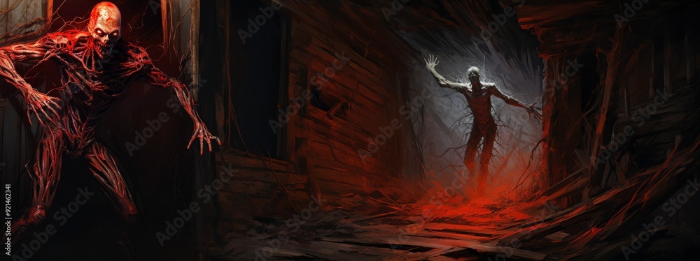Fototapeta premium Dark, eerie scene depicting distorted figures in a decaying environment.